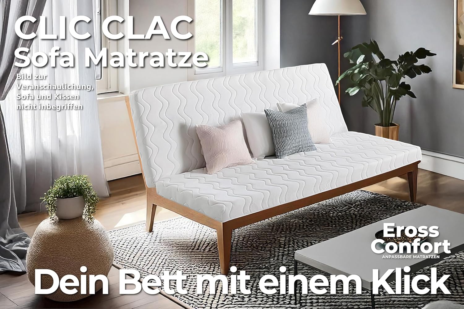 Matratze für Schlafsofa mit Klick-Klack-System, 140 x 190 cm, abnehmbarer Bezug, waschbar, atmungsaktiv, hypoallergen, Geschenk Plaid für Sofa, Bett, Kern aus HD-Schaumstoff, mittlere
