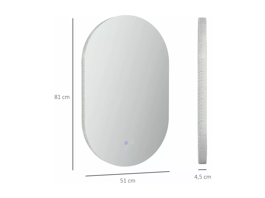 Miroir ovale mural lumineux LED de salle de bain - 81 x 51 cm - avec 3 couleurs, luminosité réglable interrupteur tactile système antibuée transparent