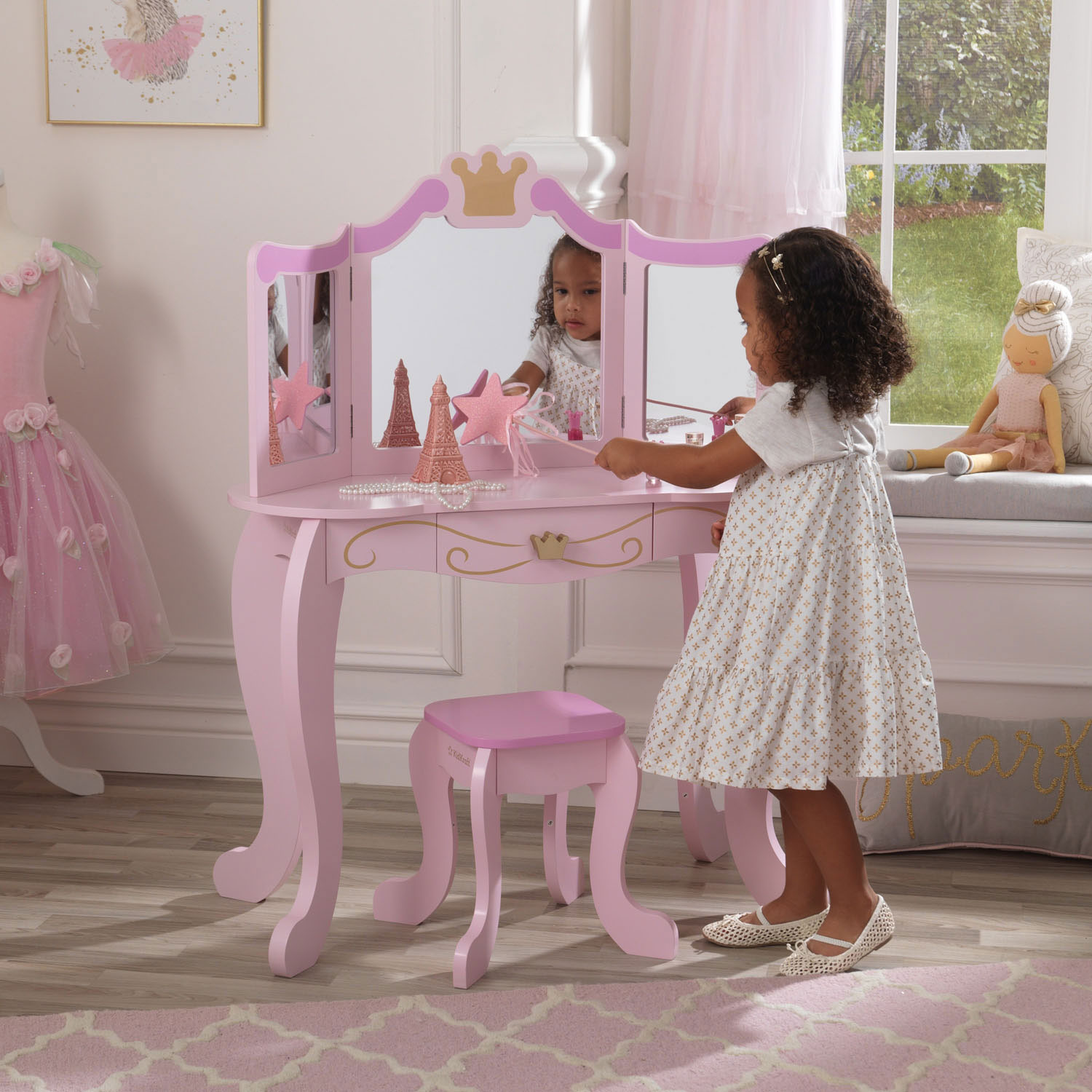 KidKraft Houten Kaptafel Prinses met Kruk Roze