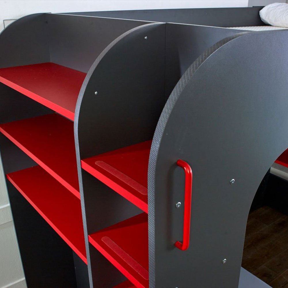 Cama alta para jogos PodBed cinza e vermelha com sofá cinza