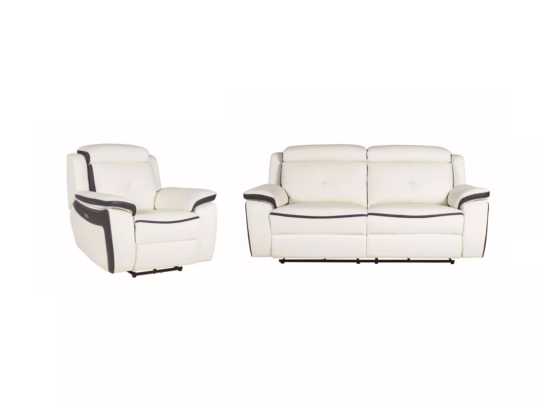Canapé 3 places et un fauteuil relax électrique en cuir ANGELIQUE - Blanc/anthracite