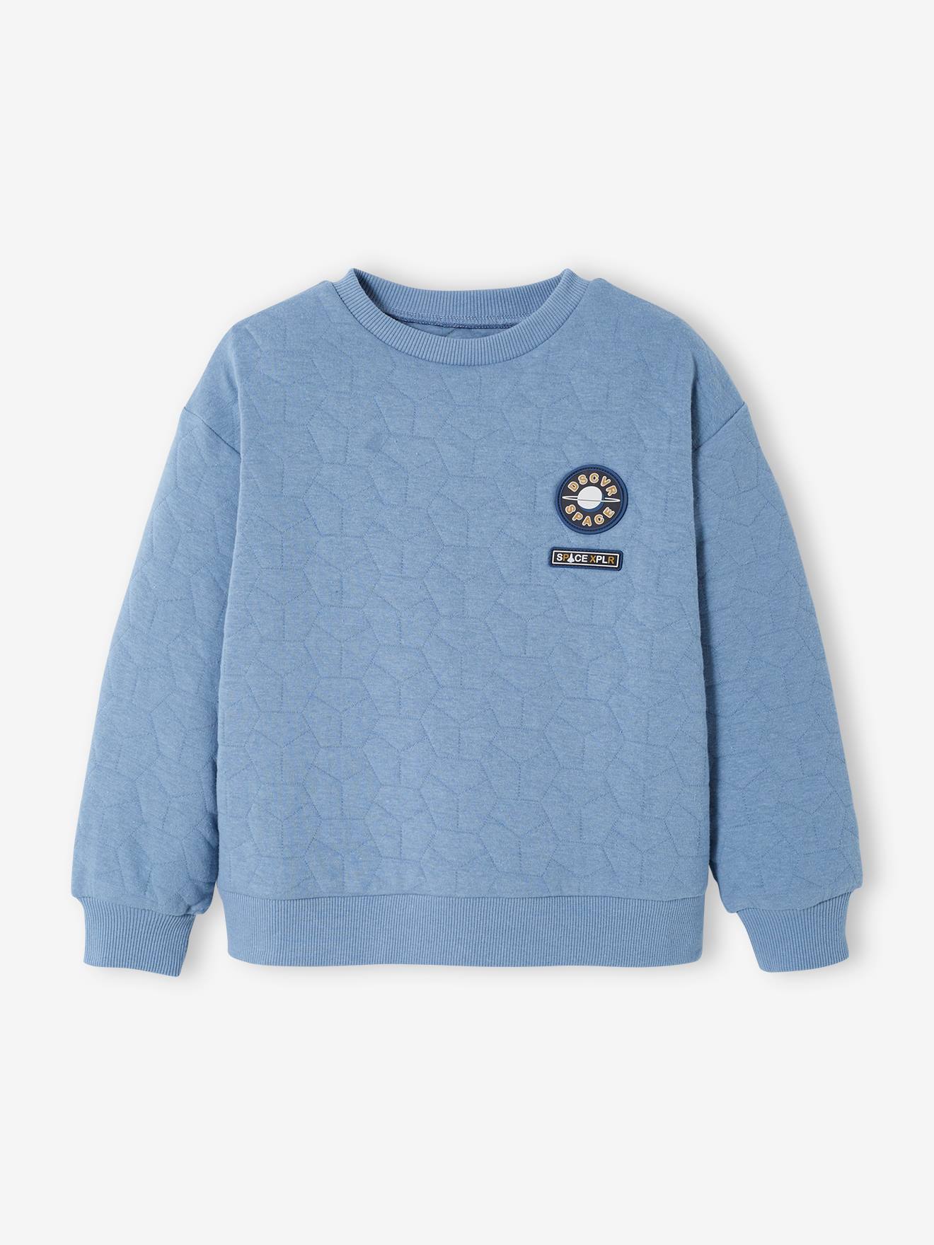 Moletom com efeito acolchoado e emblema de fantasia, para meninos, azul médio liso com estampas.