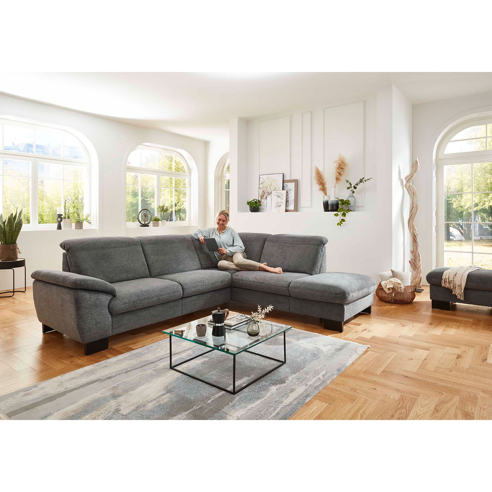 polsterpower Ecksofa - anthrazit - Basisversion - Anstellhocker rechts