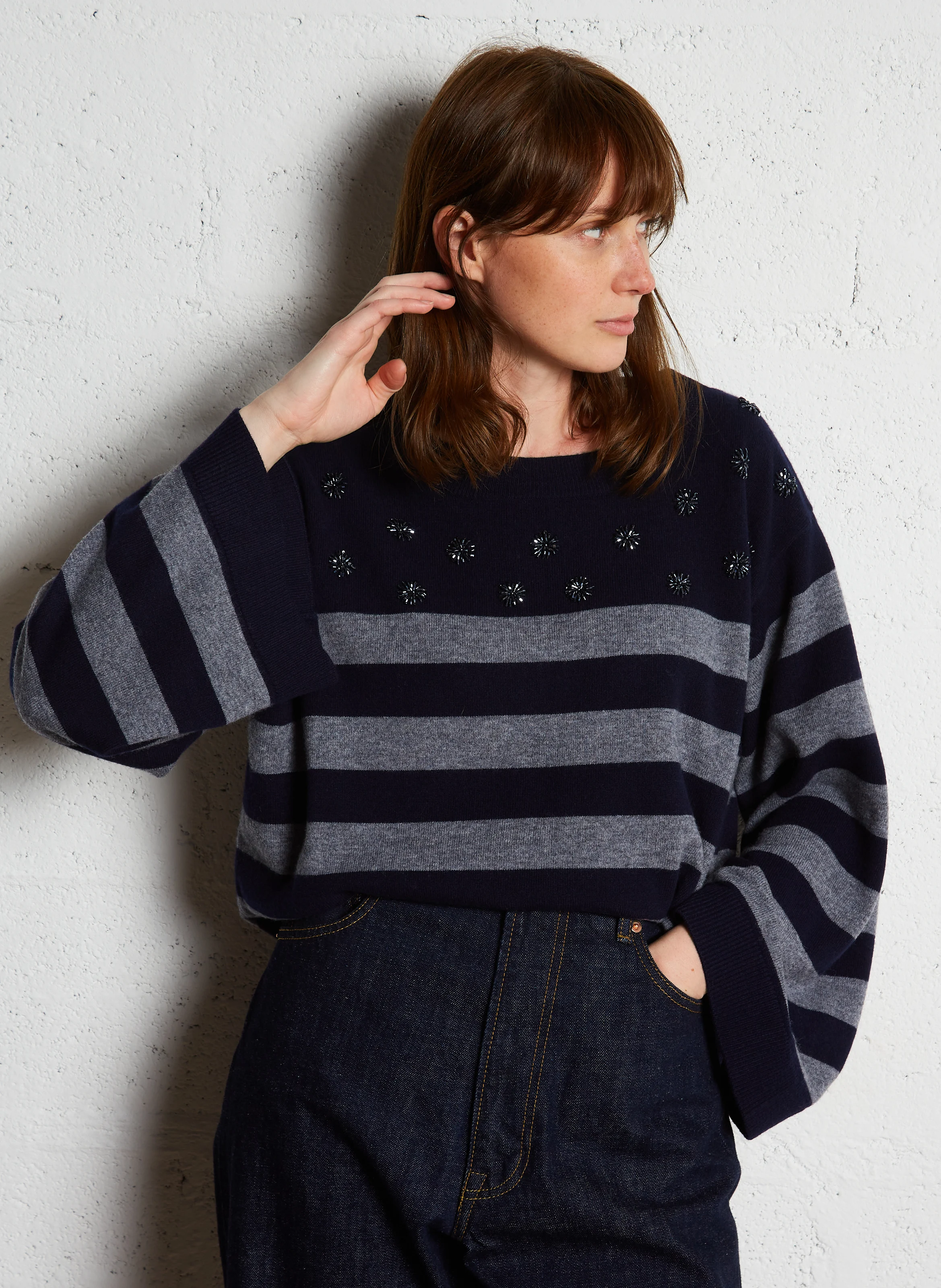 LILOU - Pull col bateau ample en laine | Bleu