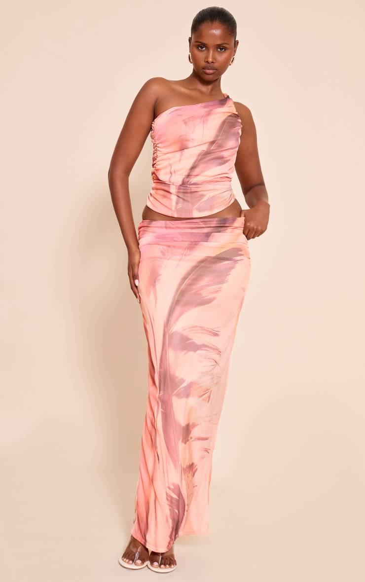 Rose Haut Long Asymétrique En Mesh À Imprimé Abstrait