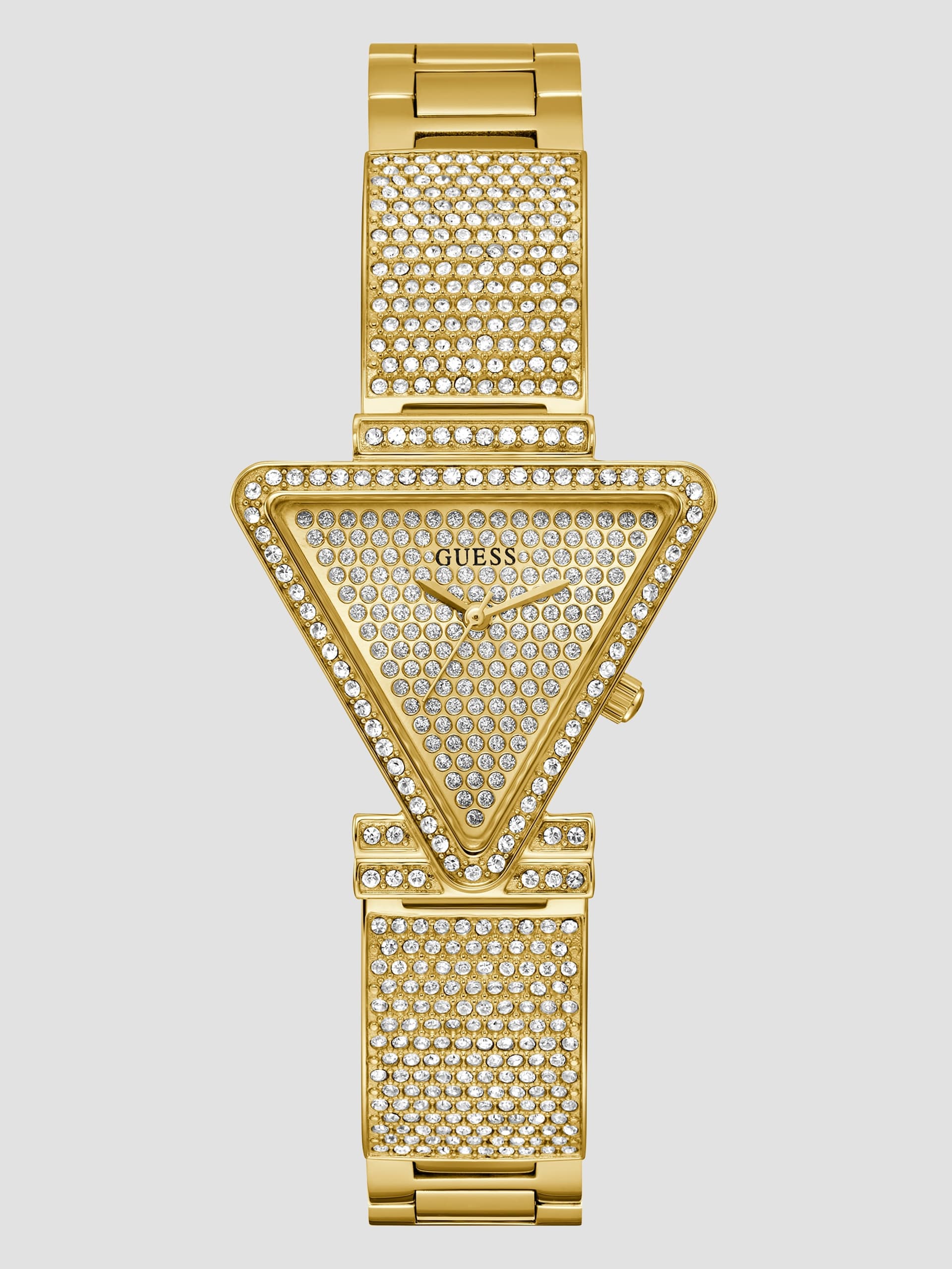 Relógio analógico triangular com cristal dourado