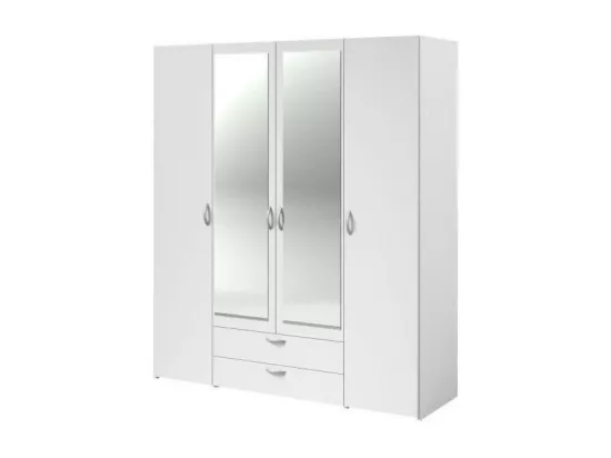 Armoire VARIA - Décor blanc - 4 portes battantes + 2 miroirs + 2 tiroirs - L 160 x H 185 x P 51 cm - PARISOT