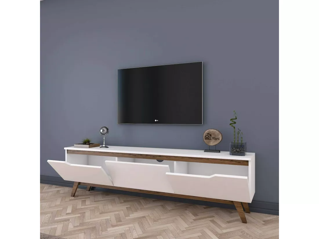 Meuble TV Cor, Buffet de salon, Armoire basse pour TV, Base murale de rangement, 180x35h49 cm, Blanc et Noyer