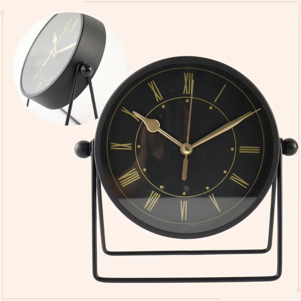 MISOU Tafelklok Zwart Metaal Goude Wijzerplaat 19cm