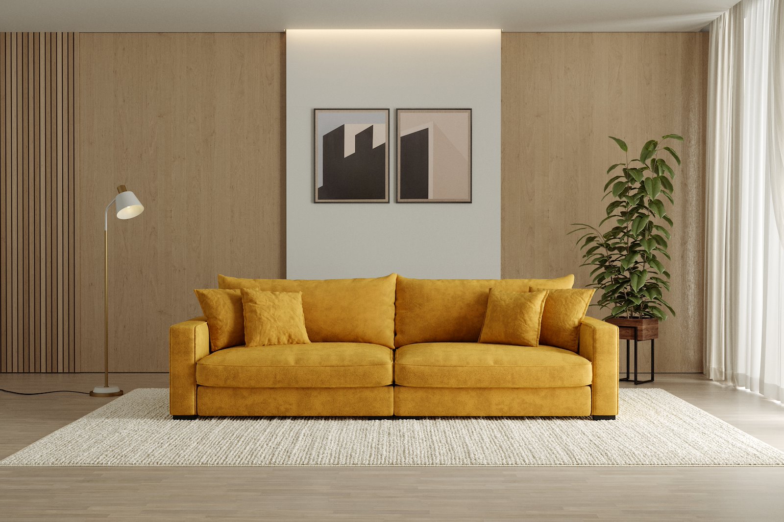 Rossi 4-seter sofa Tekstil Genesis 10 Golden Yellow, arm B med sorte ben. Std. Komfort.