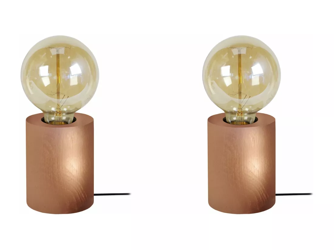 Pair de Lampes de chevet cylindre bois cuivre 21 cm.