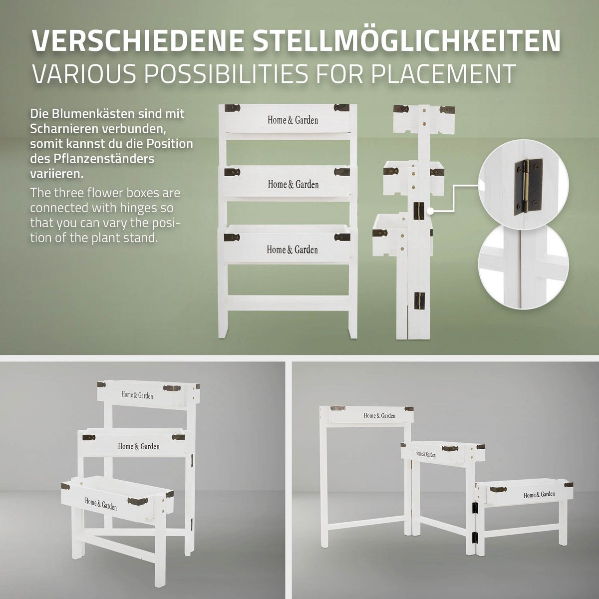 ML-Design 3-laags bloemenstandaard, wit hout, 111 cm, bloembak 32 x 16 x 7 cm, opvouwbaar, rustieke decoratieve bakken, plantenstandaard, bloemenladder, decoratieve plantenplank, plantenstandaard, plantenpot