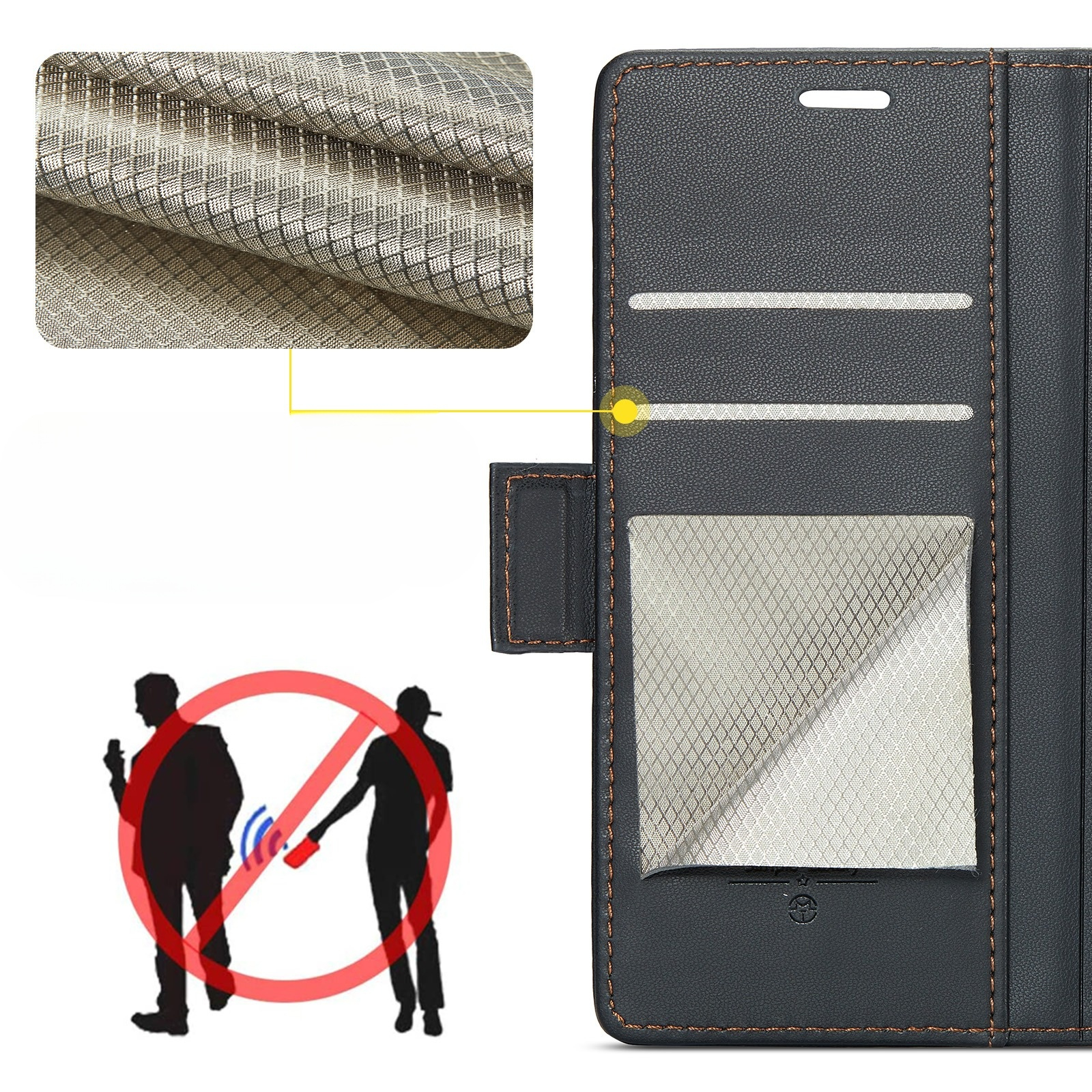 iPhone 17 Pro Leder Tasche Flip Wallet Etui mit Kartenfächern Litchi Look (RFID Schutz) - Schwarz