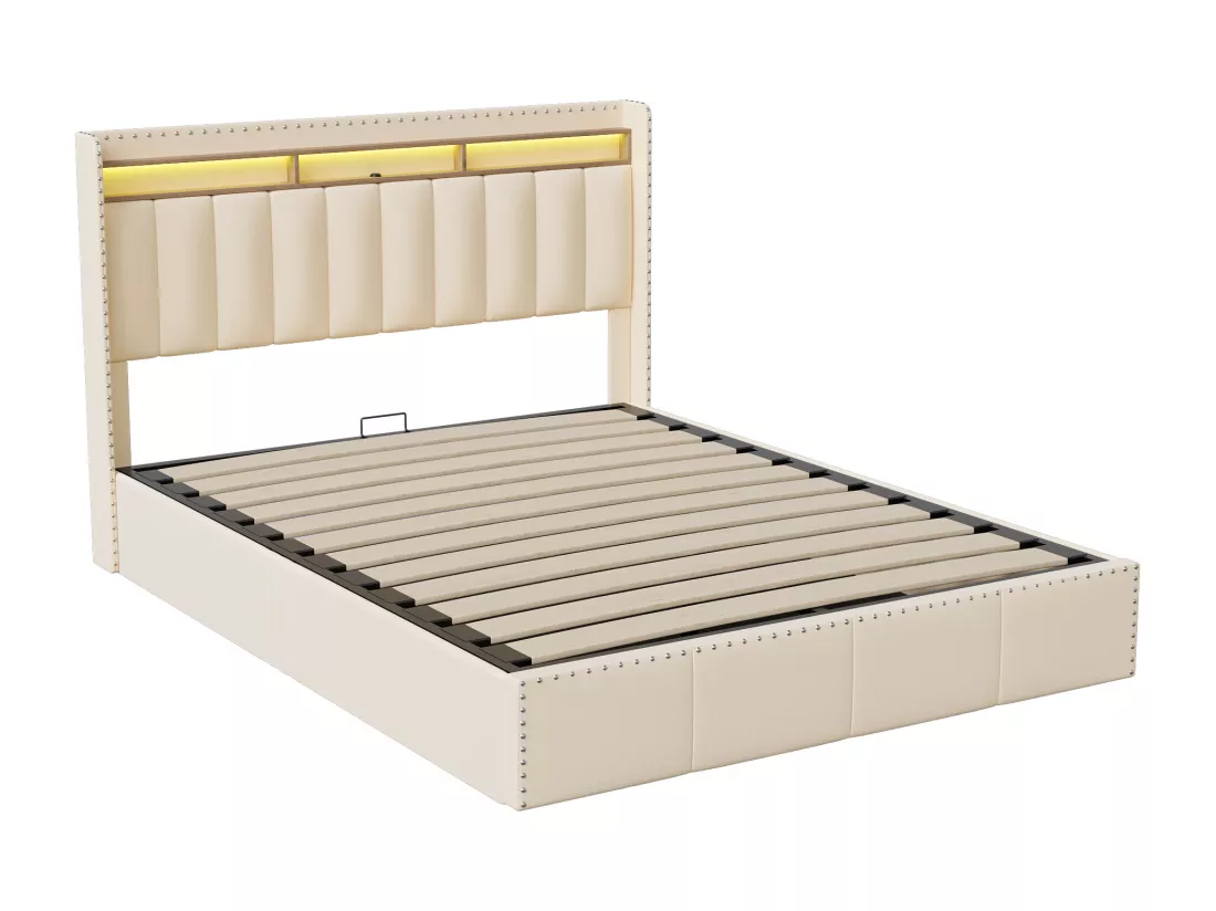 Lit Coffre 140×200cm, Lit Rembourré en Velours Beige, avec Port USB, Port de Type-C et LED, Coffre de Lit Rangement, Sommier