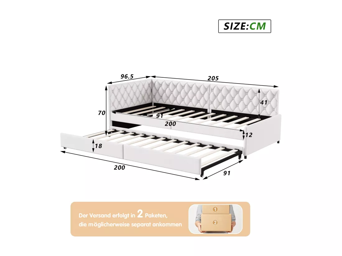 Lit gigogne 90x200cm - Canapé-lit rembourré, tissu en lin, avec sommier à lattes, sans matelas - Beige