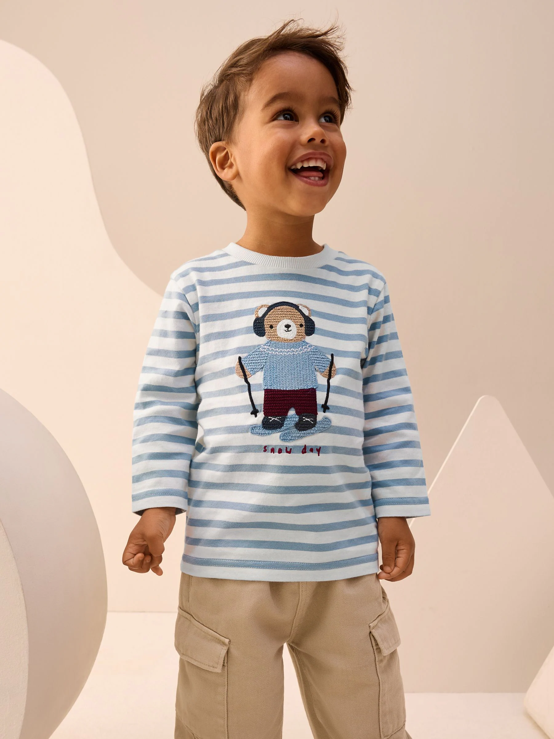 Wit/Blauw ski-ijsbeer - T-shirt met applicatie en lange mouwen (3 mnd-7 jr)