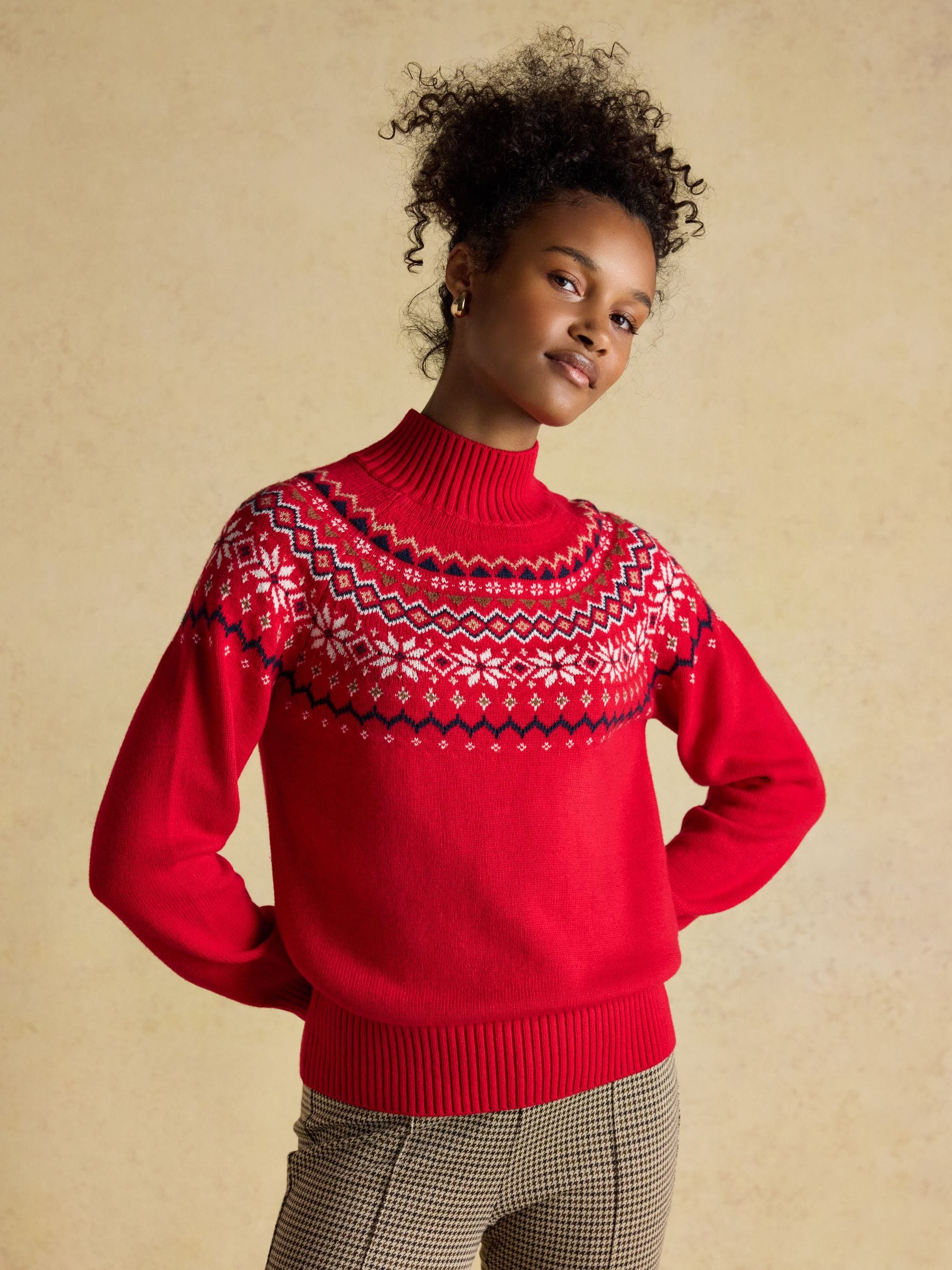 Rood - Joules Alba Fair Isle High Neck Cotton-Blend Jumper