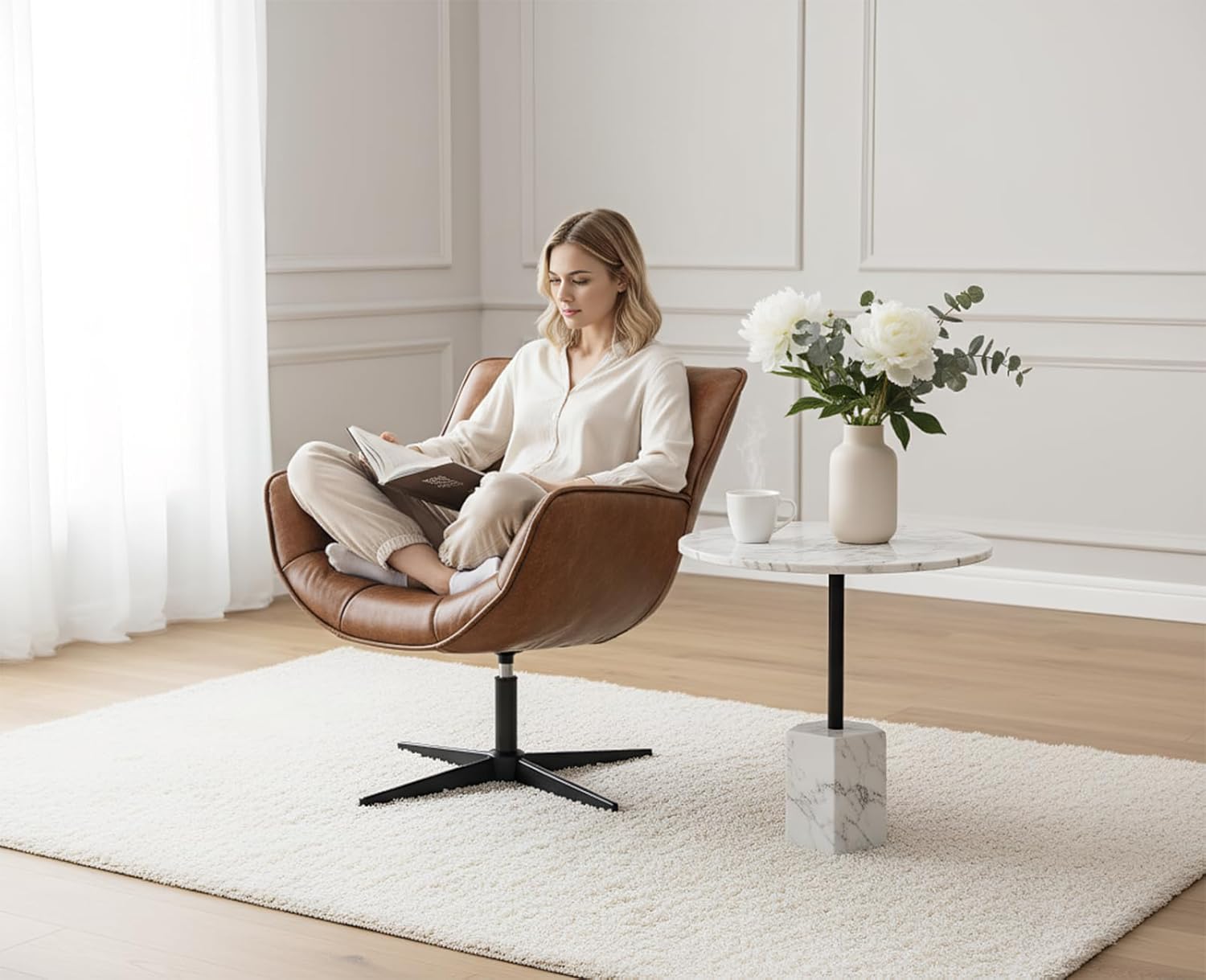 Loungesessel Armlehnstuhl 360° Drehbar, Sessel Akzentsessel mit Metallbeinen Ohrensessel Polsterstuhl aus PU Kunstleder, für Wohnzimmer Schlafzimmer, Braun