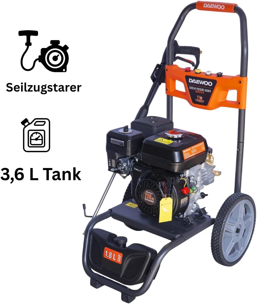 Benzin Hochdruckreiniger 207 bar | 12 m Hochdruckschlauch | 7PS Flächenreiniger mit Messing Pumpenkopf | Steinreiniger Profi Hochdruckreiniger | Gewerbe Industriereiniger