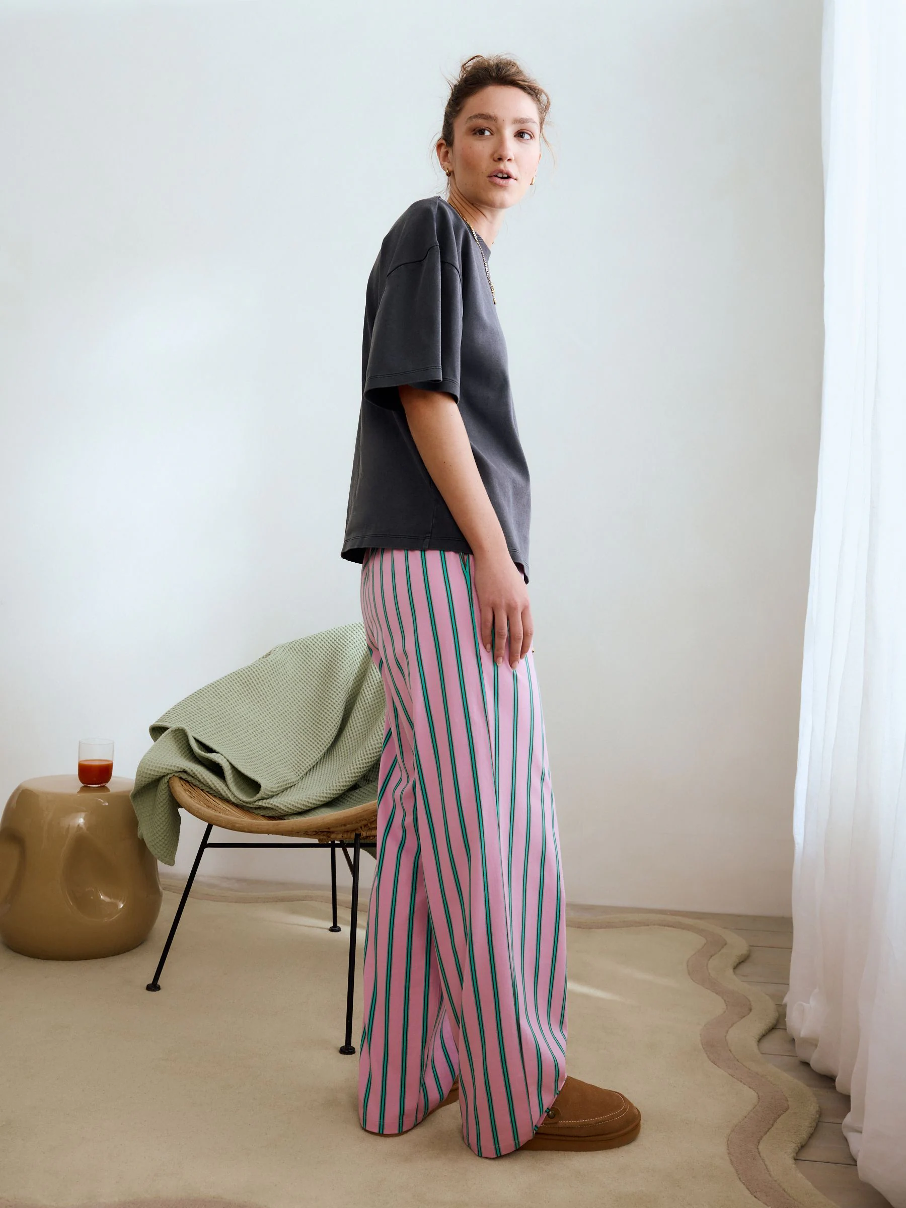 Grijs/Roze Strepen - 100% katoenen pyjama met korte mouwen