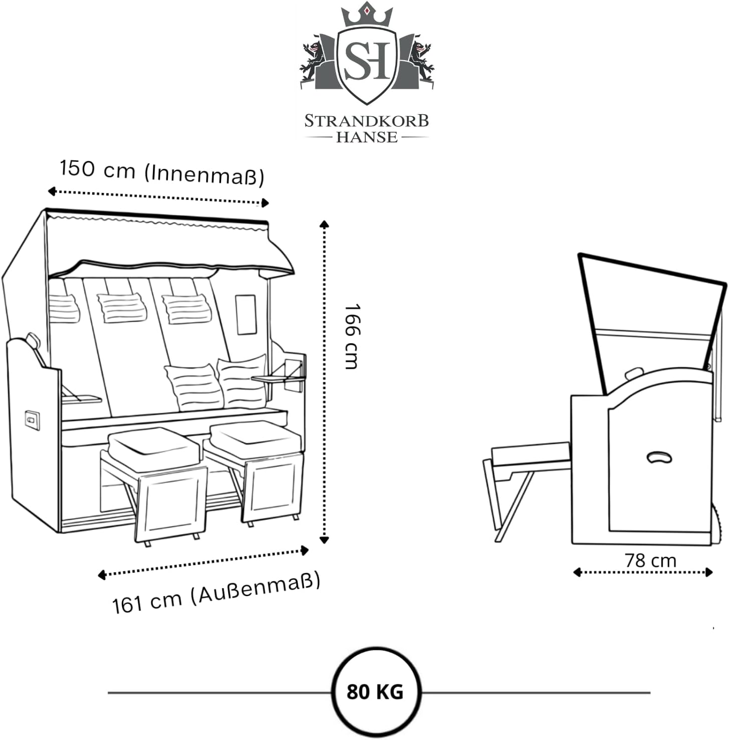 Strandkorb Hanse Ostsee 2,5 Sitzer Klassik XXL 160cm breit - Volllieger bereits montiert inkl. Strandkorbrollen ideal für Zuhause, Balkon und Terrasse
