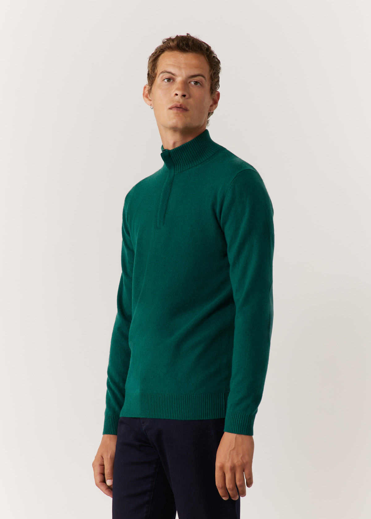 Pull col zippé en cachemire uni vert sapin