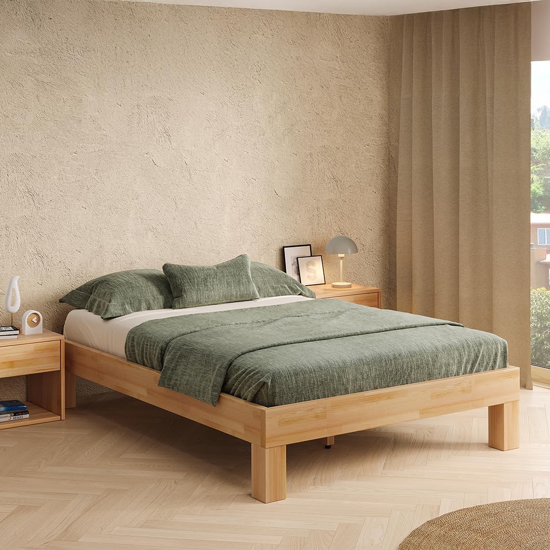 skølm Floki Massivholzbett 140x200 cm aus Buche - hochwertiges Bettgestell - Bettrahmen ohne Bettkopf - Holzbett in Natur geölt - Bett 140x200 cm geeignet als Doppelbett - Futonbett
