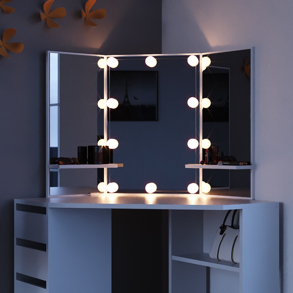 VICCO Eckschminktisch ARIELLE Weiß mit LED - Kosmetiktisch Frisiertisch