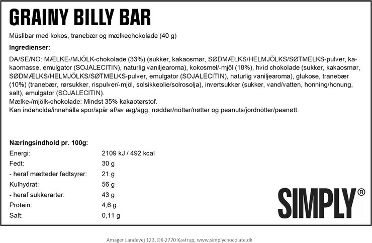 Simply Chocolate GRAINY BILLY chokoladebar
