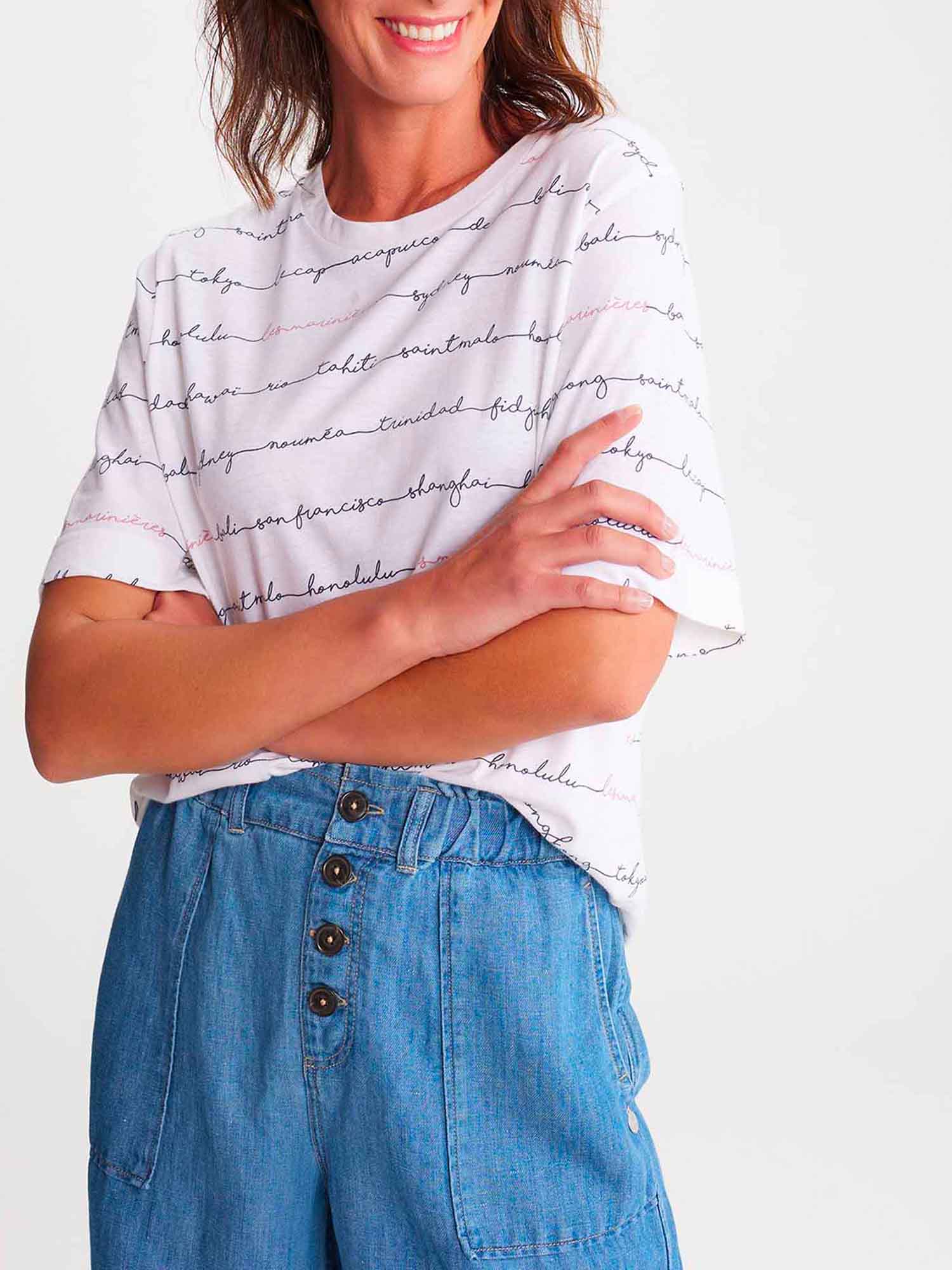 Tee-Shirt Femme en Lin Blanc et Bleu