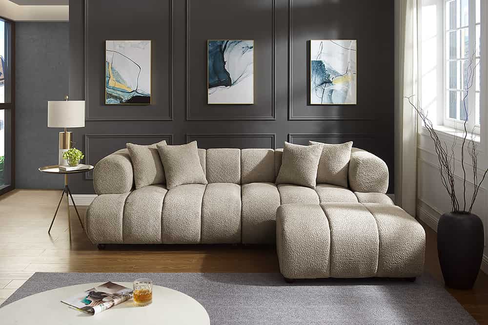 Modernes XXL Sofa ADLON 255cm champagner greige Bouclé Bigsofa Federkern inkl. Kissen