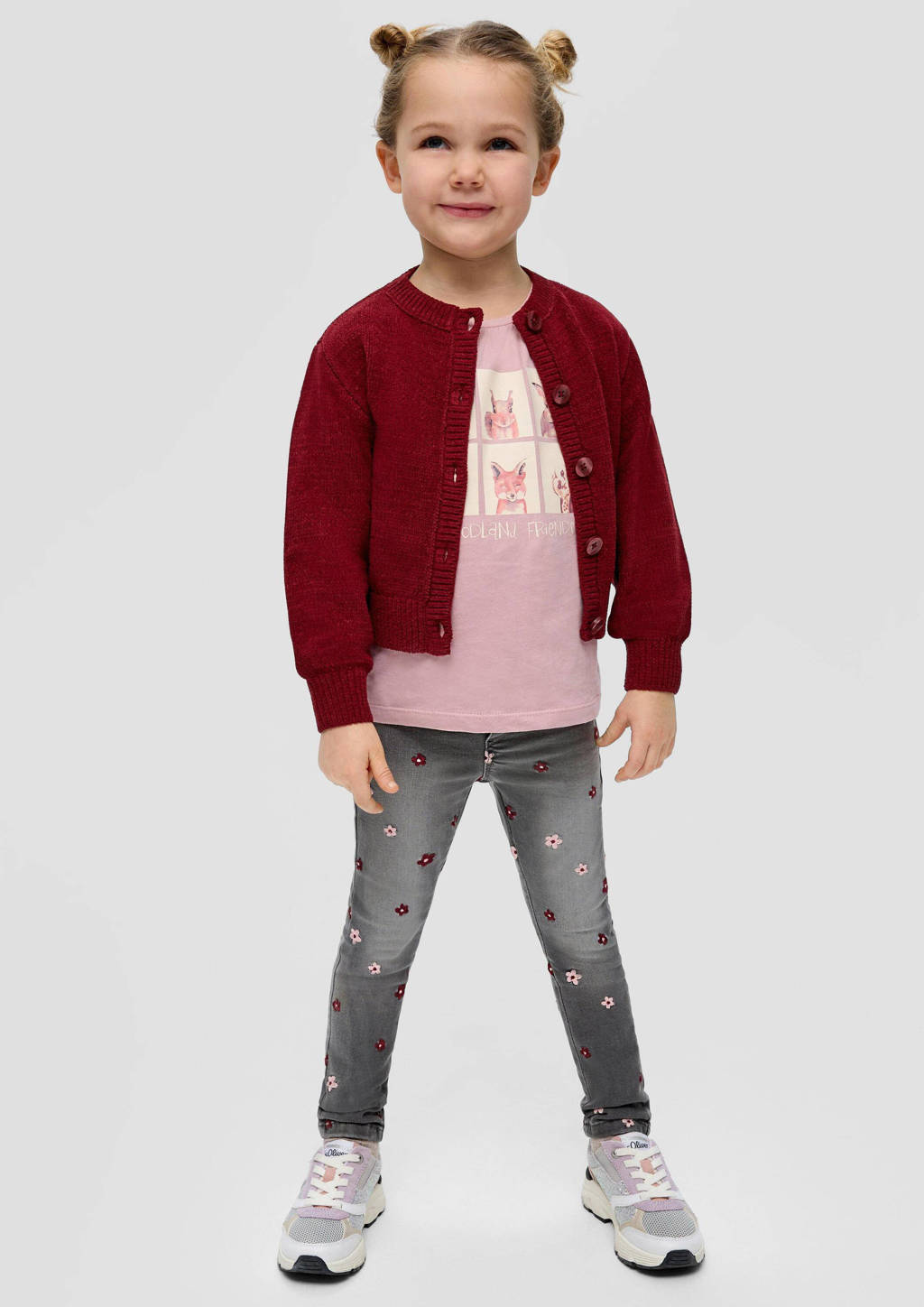 s.Oliver gebloemde skinny jeans grijs/roze/rood