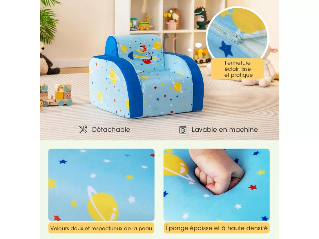 Canapé Convertible pour Enfants de 0-4Ans, Canapé-Lit Rembourré pour Enfants avec Siège Rembourré en Éponge, Tissu en Velours et Motif pour Lecture, Jeu et Repos (Avion)