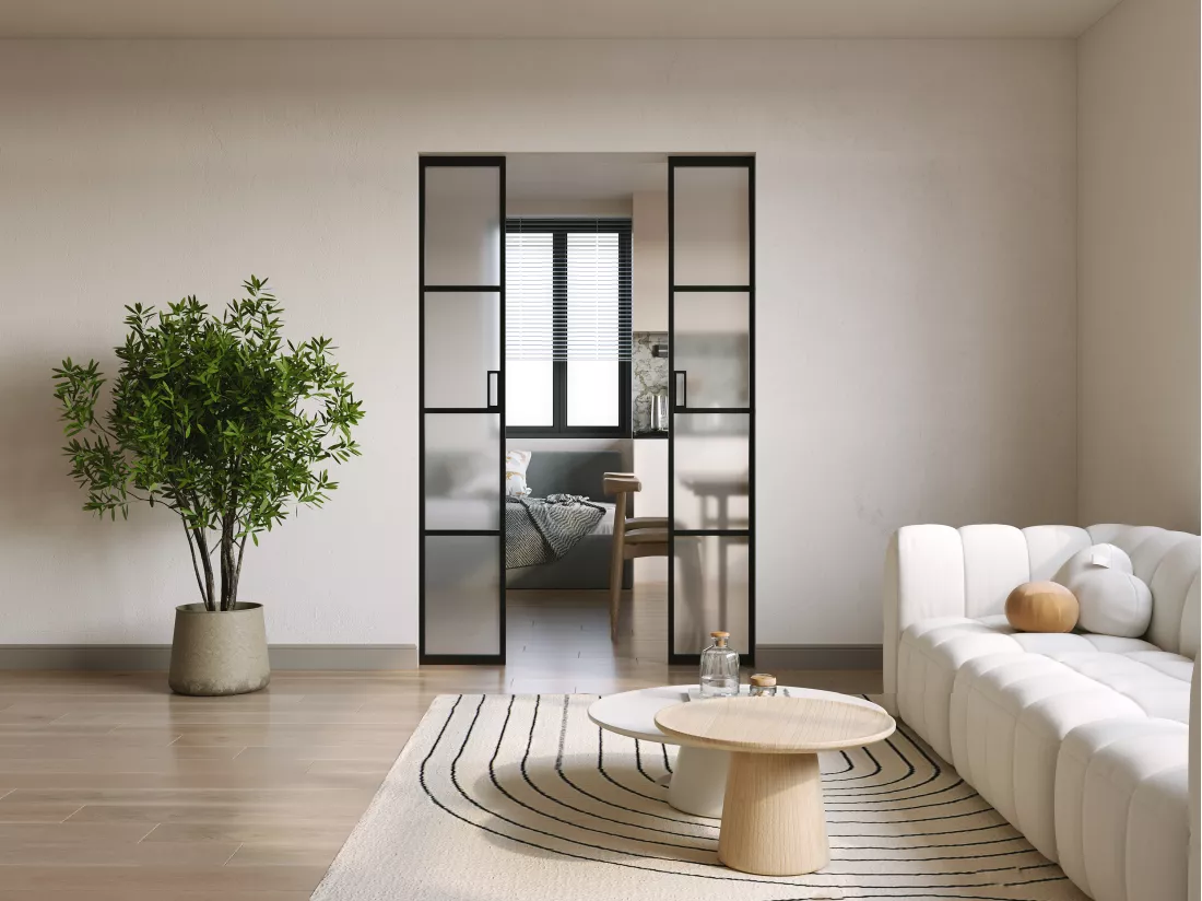 Porte coulissante double avec système à galandage en aluminium et verre trempé dépoli - 2 x H205 x L73 cm - WILDEN II