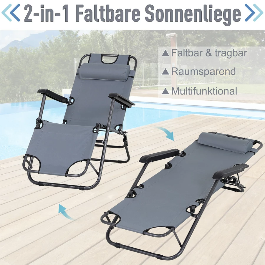 Outsunny Sonnenliege mit Kopfkissen grau