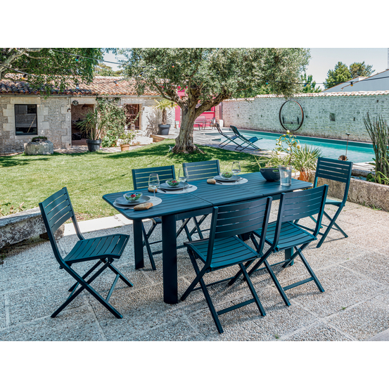 Table rectangle extensible Eos en aluminium bleue L.130x l.80.H.74cm