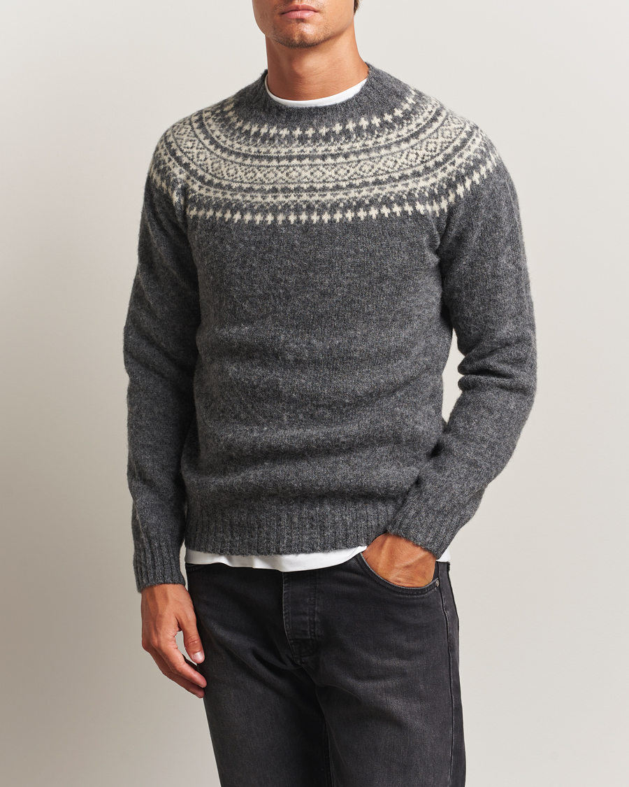 Harley Of Scotland Brushed Supersoft Lambswool Yolk Fairisle Grey
