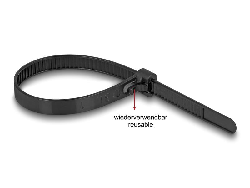 Delock Kabelbinder hitzebeständig 300 mm x 7.6 mm, 100 Stüc Delock Kabelbinder wiederverwendbar hitzebeständig L 300 x B 7.6 mm 100 Stück schwarz