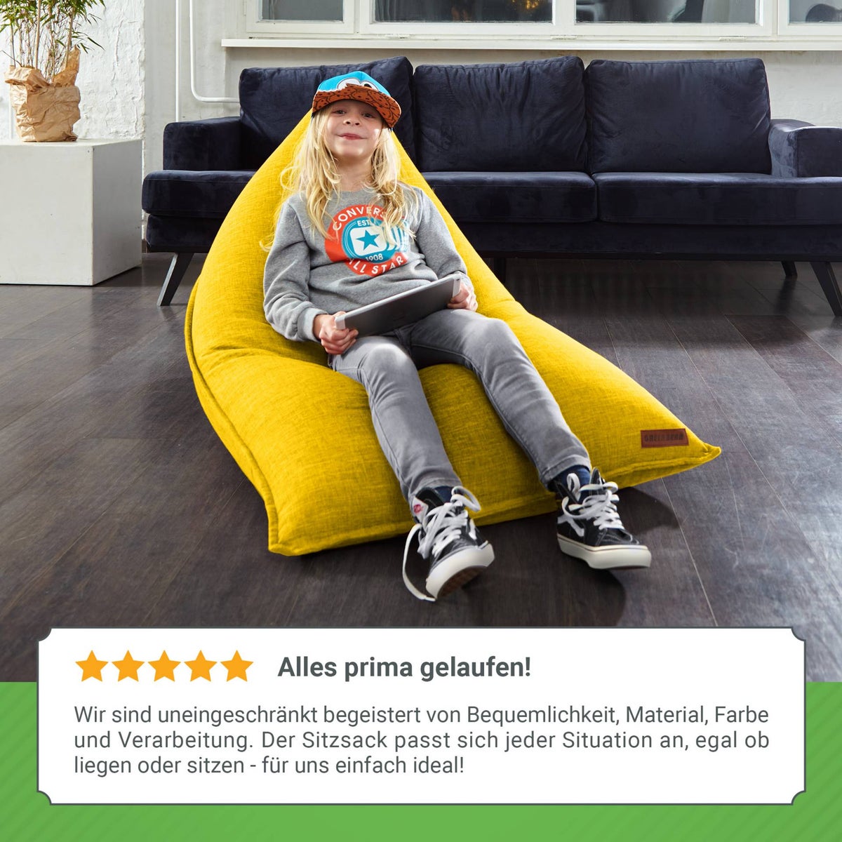 Green Bean Triangle Zitzak 150x100x100cm met 220 liter EPS-korrelvulling - Knuffelzacht en wasbaar - Binnenkussen van stof voor op de vloer, ligstoel en zitkussen - Geel