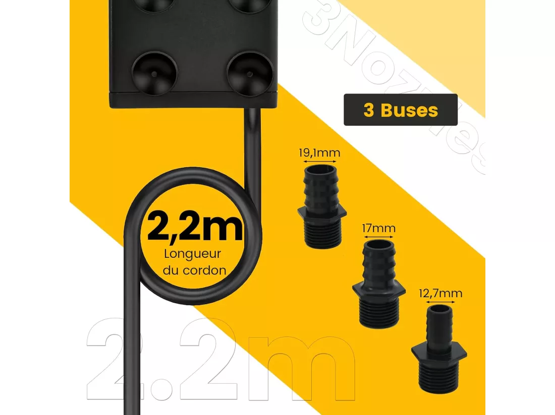 Mini Pompe à Eau Submersible 900L/H 22W, Pompe Aquarium avec Levage Élevé de 2,20 m 3 Buses Différentes et Cordon d'Alimentation de 1,83 m, pour Fontaine Hydroponique Étang