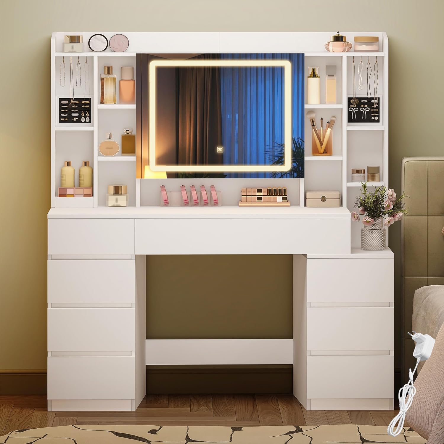 120 cm Schminktisch mit Spiegel, Großem Spiegel, Frisiertisch mit 8 Schubladen und 11 Offenen Fächern, Integrierte Schmuckablage, 40 × 120 × 141 cm, Weiß