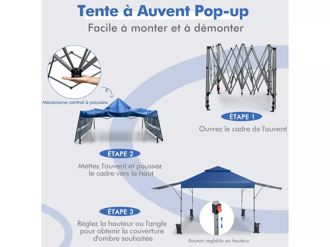 Tonnelle de Jardin Instantanée Pliable 3x3m avec Double Auvents 1,25x3cm, Tente de Jardin 2 roulettes Sacs de Sable 3 Hauteurs Réglable pour Marché Patio CamBoisg (Bleu)