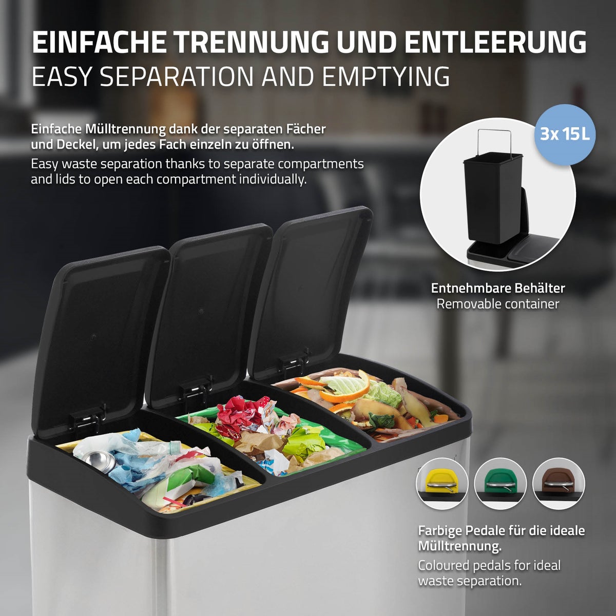 ML-Design Keuken Prullenbak 3x 15L (45L), Zilver, 3-compartimenten afvalscheidingssysteem, Pedaalemmer voor afvalscheiding, RVS-bak met kunststof binnenemmer en scharnierend deksel, Kleurgecodeerd