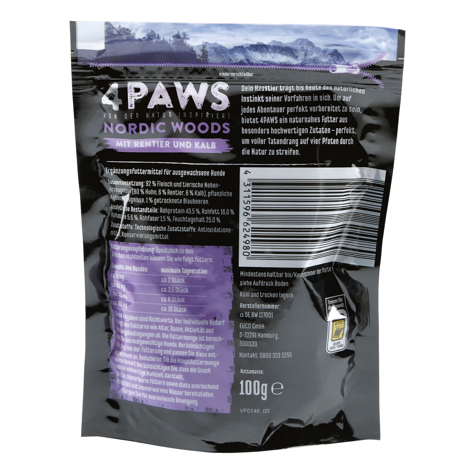 4 PAWS Hundesnack Rentier, Kalb, Huhn 100 g, 6er Pack
