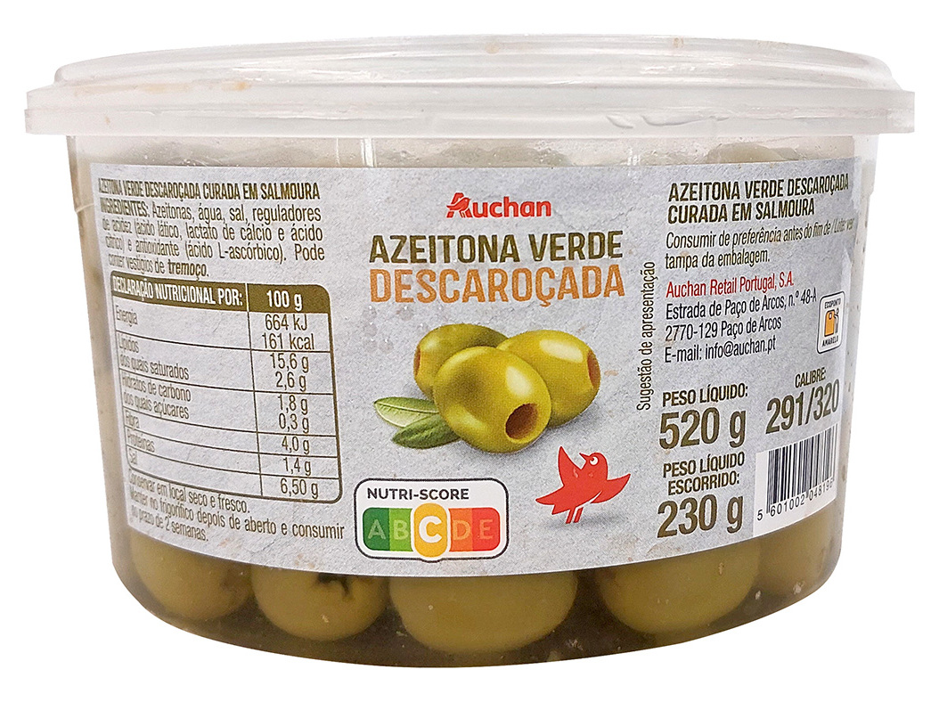 AZEITONA VERDE AUCHAN SEM CAROÇO TAÇA 520(230)G