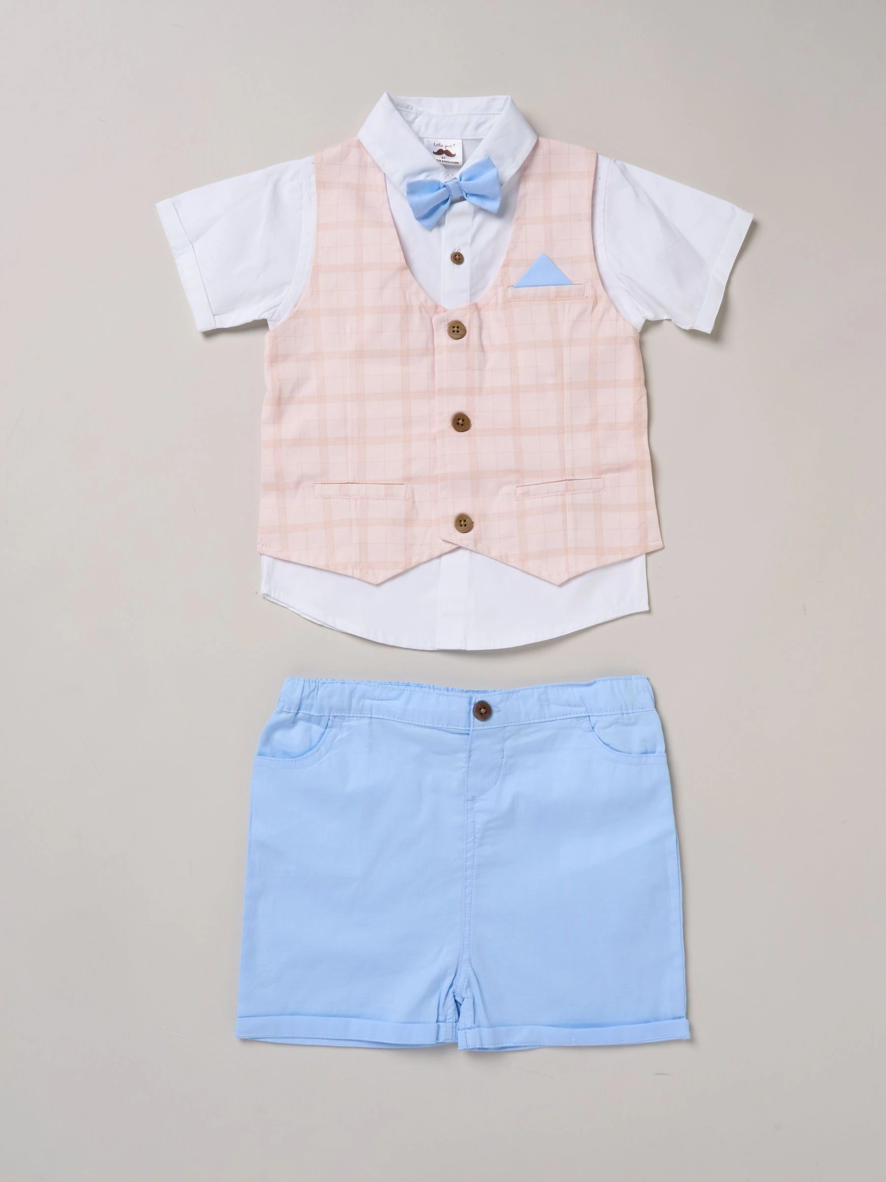 Blauw - Little Gent 100% Cotton Shirt with Mock Waistcoat Shorts and Bowtie Outfit Set