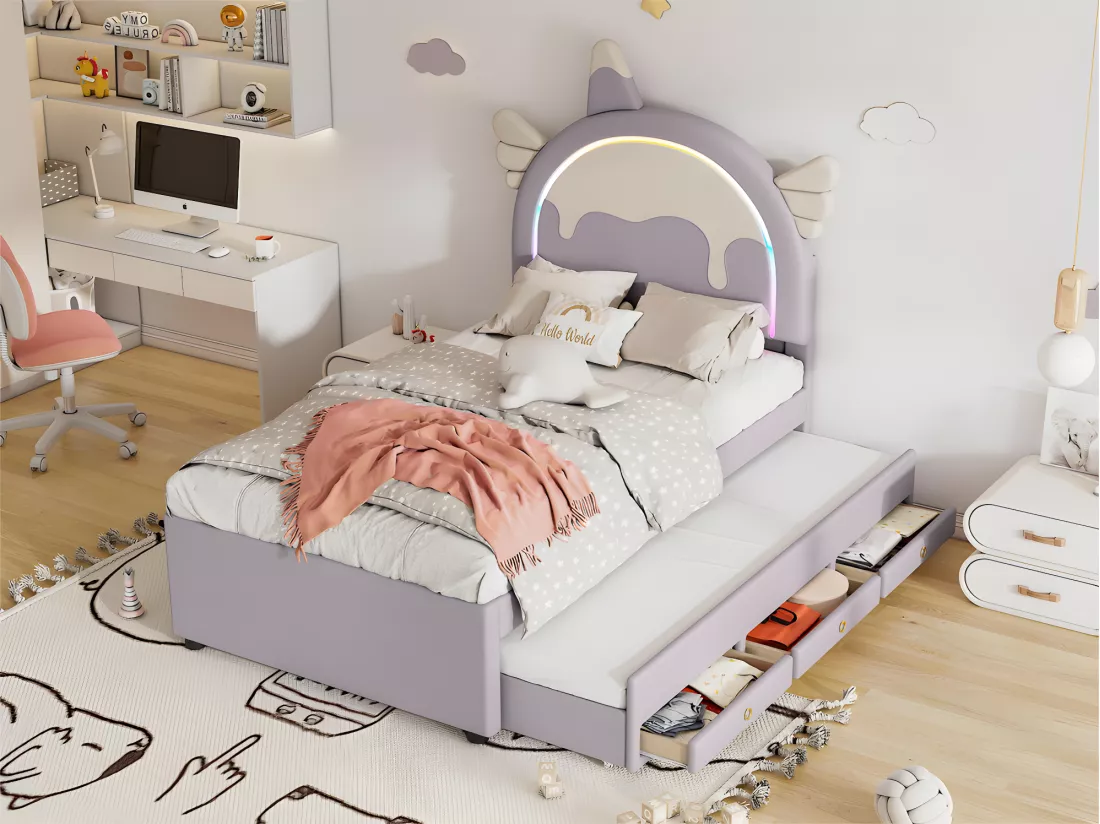 Lit enfant 90x200cm avec un lit gigogne 90x190cm - tête de lit en forme de licorne avec LED - en similicuir - Violet clair