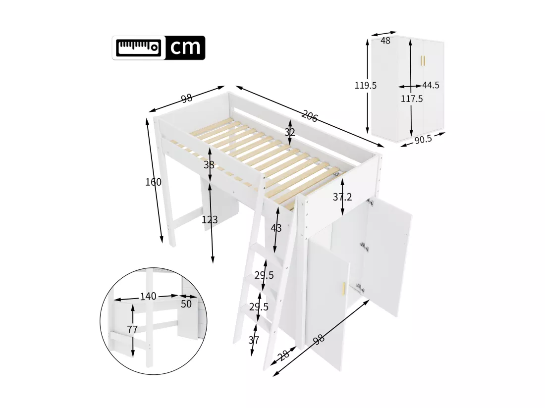 Lit mezzanine 90x200cm en bois - avec bureau et armoire modulable - Blanc