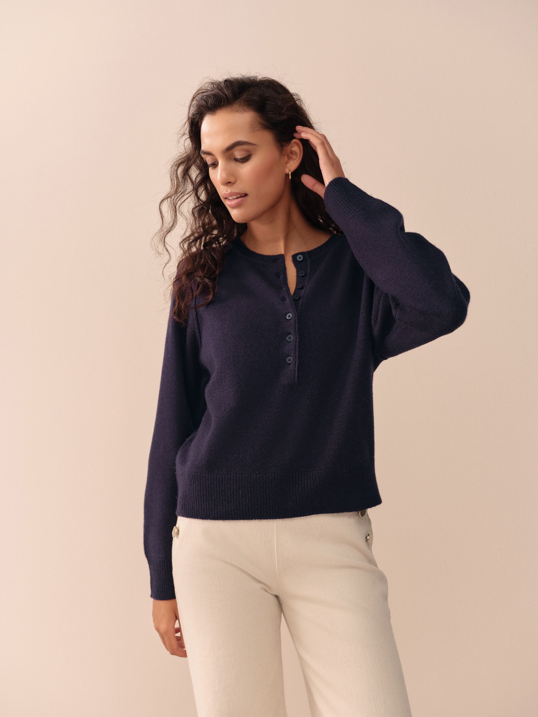 Donkerblauw - 100% Lamswol N.Premium Henley Trui met Ronde Hals