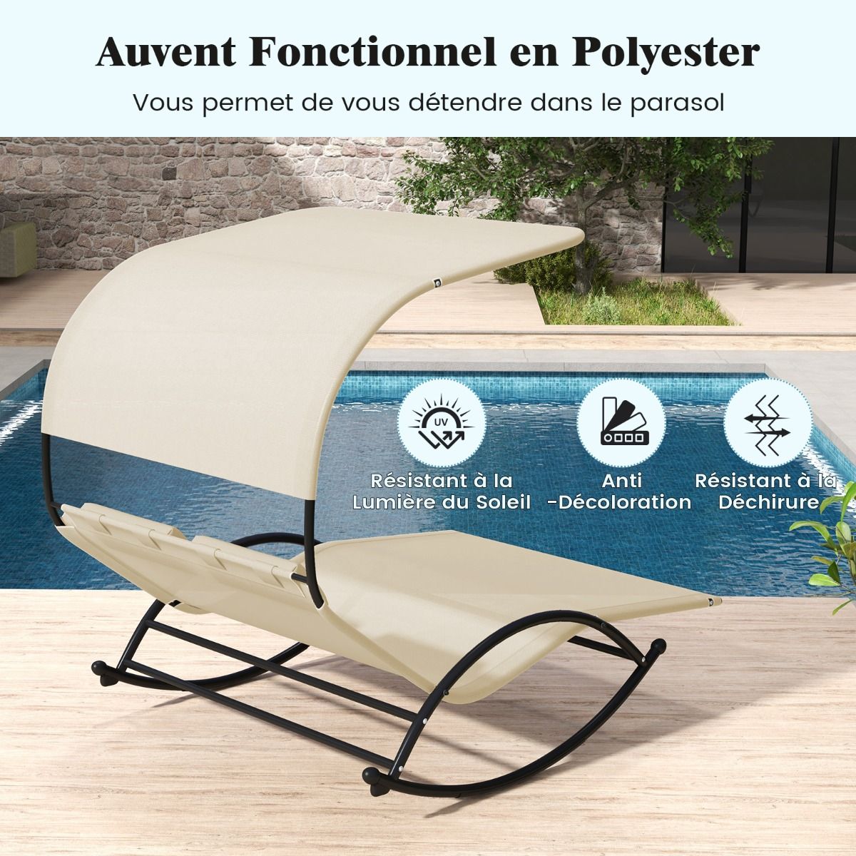 Chaise Longue Double Chaise à Bascule pour 2 Personnes 2 Appui-Têtes Amovibles Cadre en Métal Robuste Lit de Repos Ergonomique 2 Places Gris/Noir/Beige - Lidl-Manfred